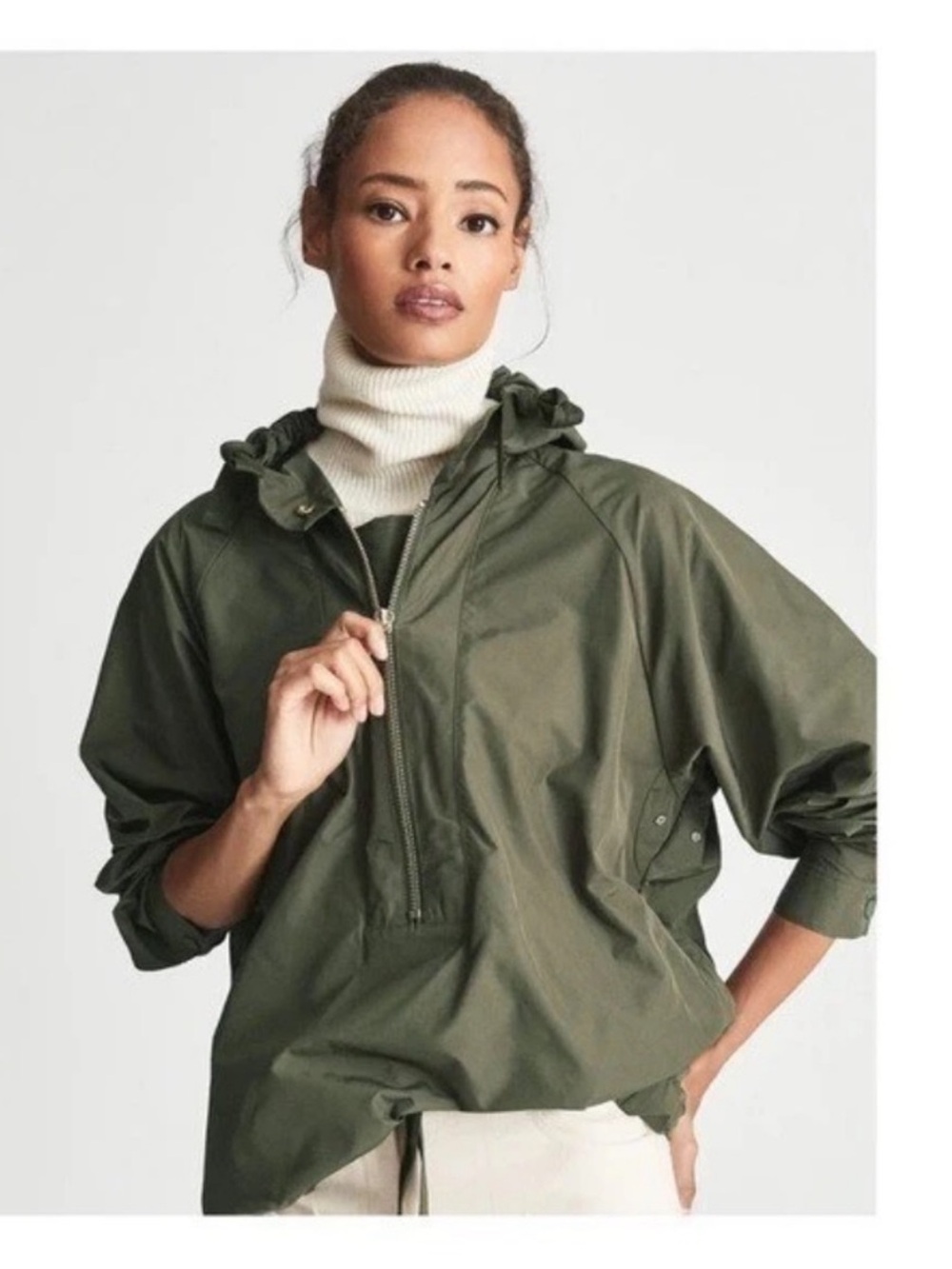 New! REISS Jenna Packable Hooded Windbreaker Jacket in Khaki Green